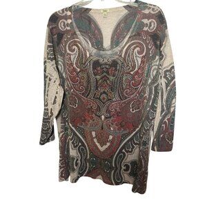 Reba Woman 3X Paisley Tunic Top Sheer Lightweight Knit With 3/4 Sleeves